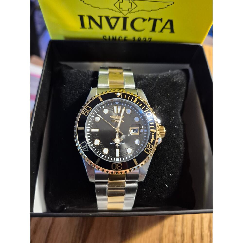 Invicta Pro Diver Men's Watch 43mm Black Metal Face 2 Tone Metal Band